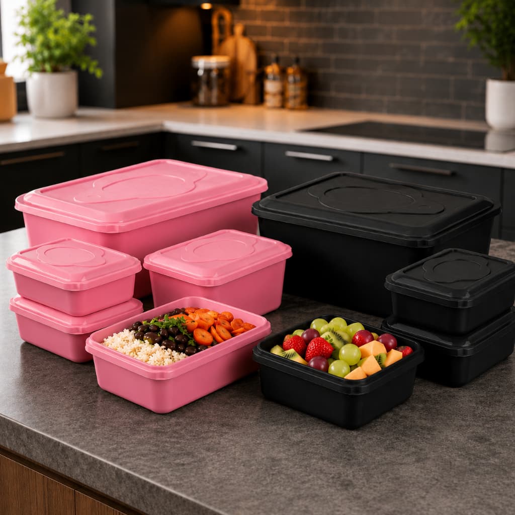 Kit com 10 Vasilhas Plásticas Rosa E Preto Potes De Cozinha Com Tampa