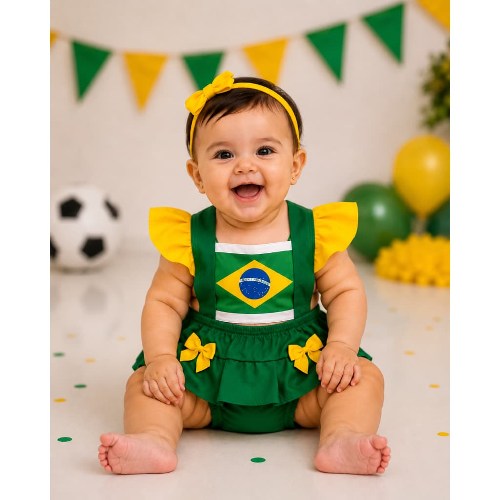 Conjunto Camiseta Infantil Jardineira Copa do Mundo Roupa Menina Menino Bebê Body Macacão Brasil Vestido