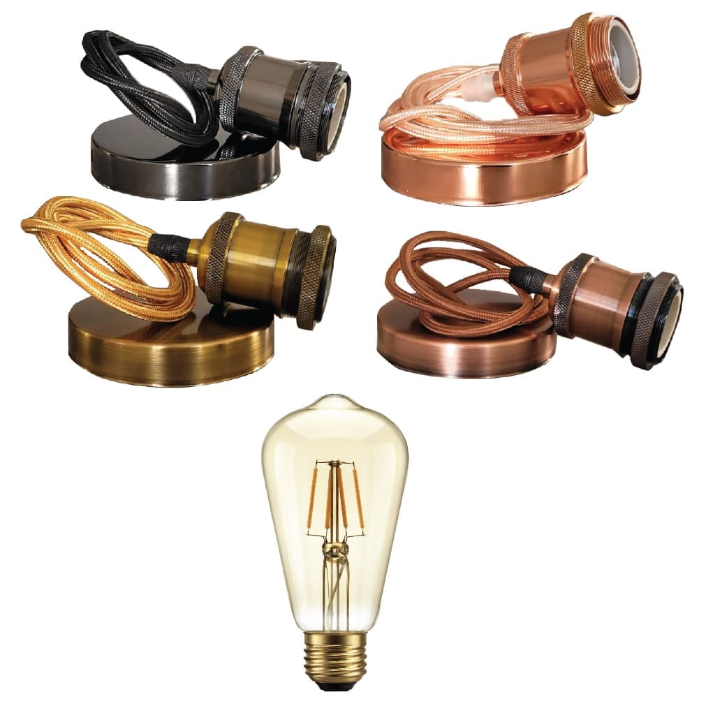 Kit Pendente aluminio Retro Vintage + Lâmpada Filamento led 4w St64 Soquete E27