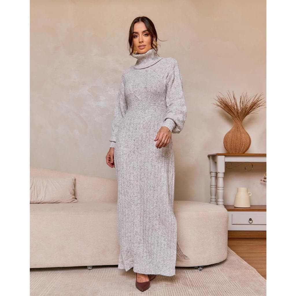 Vestido Longo Feminino Manga Longa Trico Croche Midi Tubinho Longo Trico Modal Gola Alta
