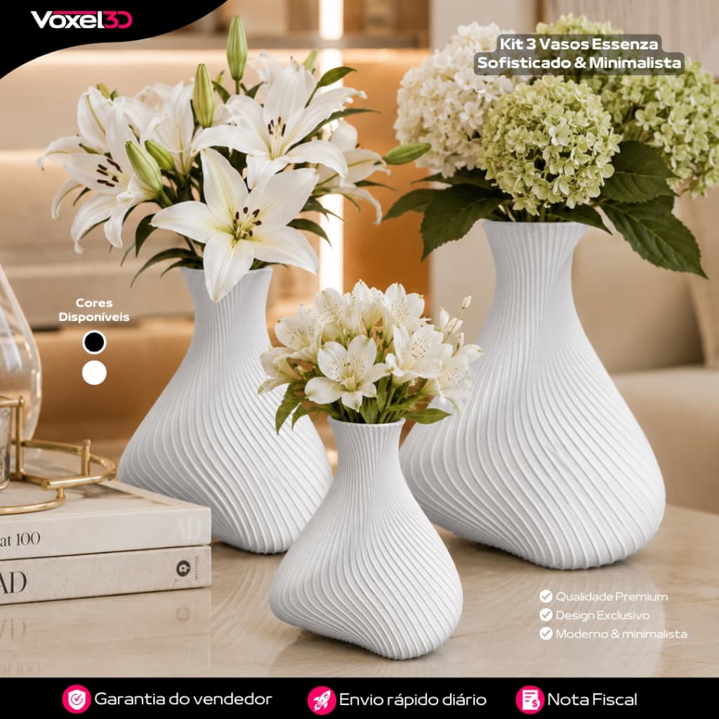 Kit 3 Vasos Essenza Luxo Decorativo Sofisticado Minimalista Moderno Elegante para Sala Quarto e Escritório