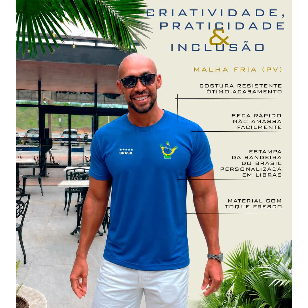 BRASIL MULHER ADULTO HOMEM UNISSEX AZUL CAMISETA CAMISA BLUSA BÁSICA ATLETA FUTEBOL ESPORTE TIME LIBRAS INCLUSÃO TODOS