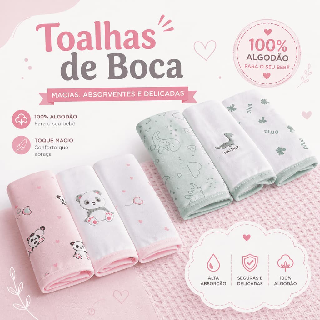 Kit 3 Toalhinhas de Boca Bebê Malha 100% Algodão Fio 30 Bublim