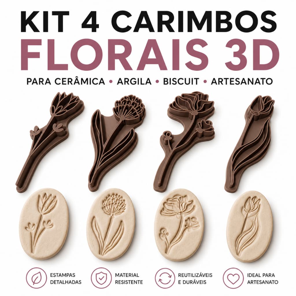 Kit 4 Carimbos Florais 3D para Argila e Biscuit | Moldes Flores Delicadas Cerâmica Artesanato
