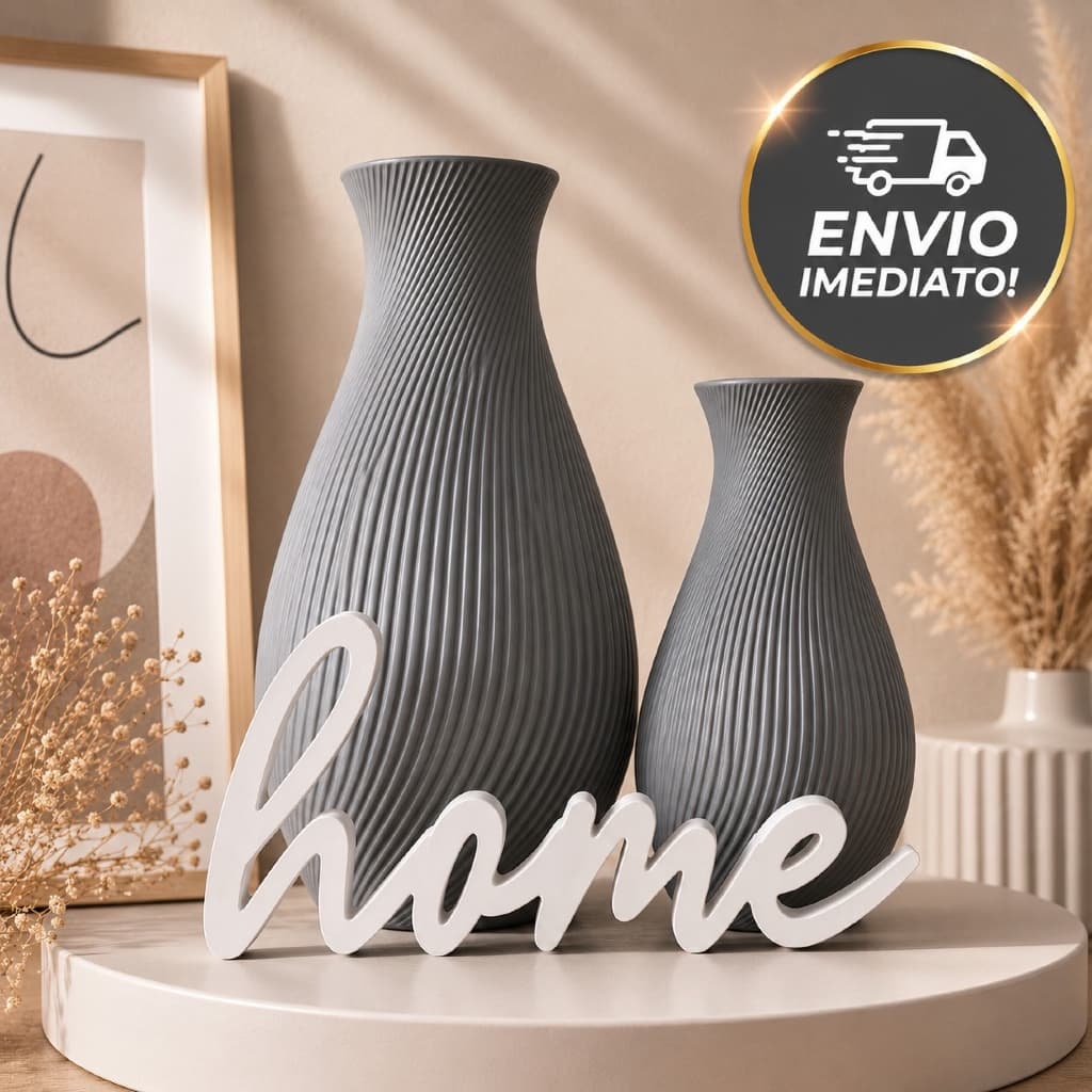Dupla de Vasos Decorativos Texturizados Cinza com Letreiro Home Ambientes Sofisticados e Acolhedores
