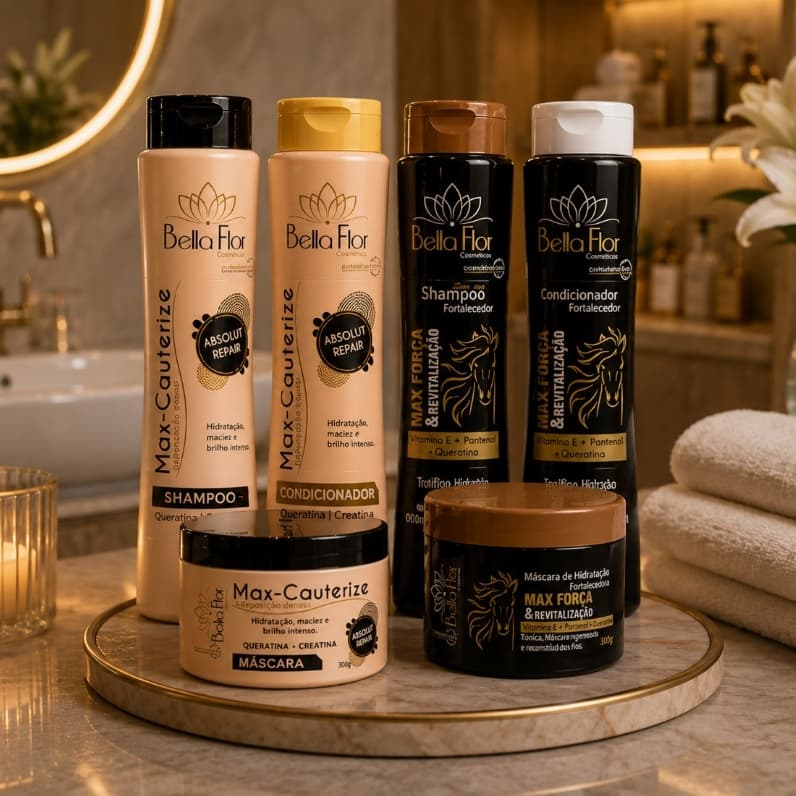 2 Kits Capilares Cauterize e Max Força 6 Produtos Shampoo Condicionador Máscara Bella Flor Fortalecimento Brilho