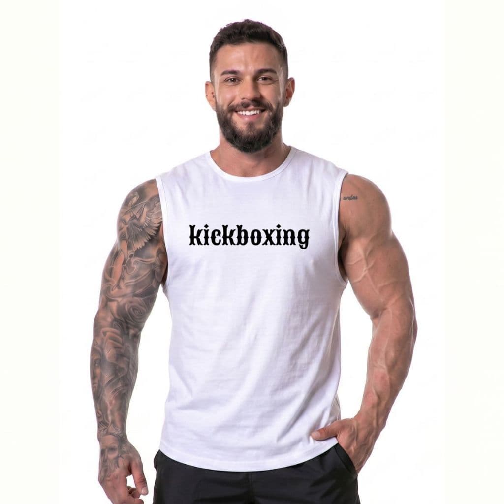 Camiseta Regata Academia Kickboxing Modelo Longline Treino Disciplina Fitness