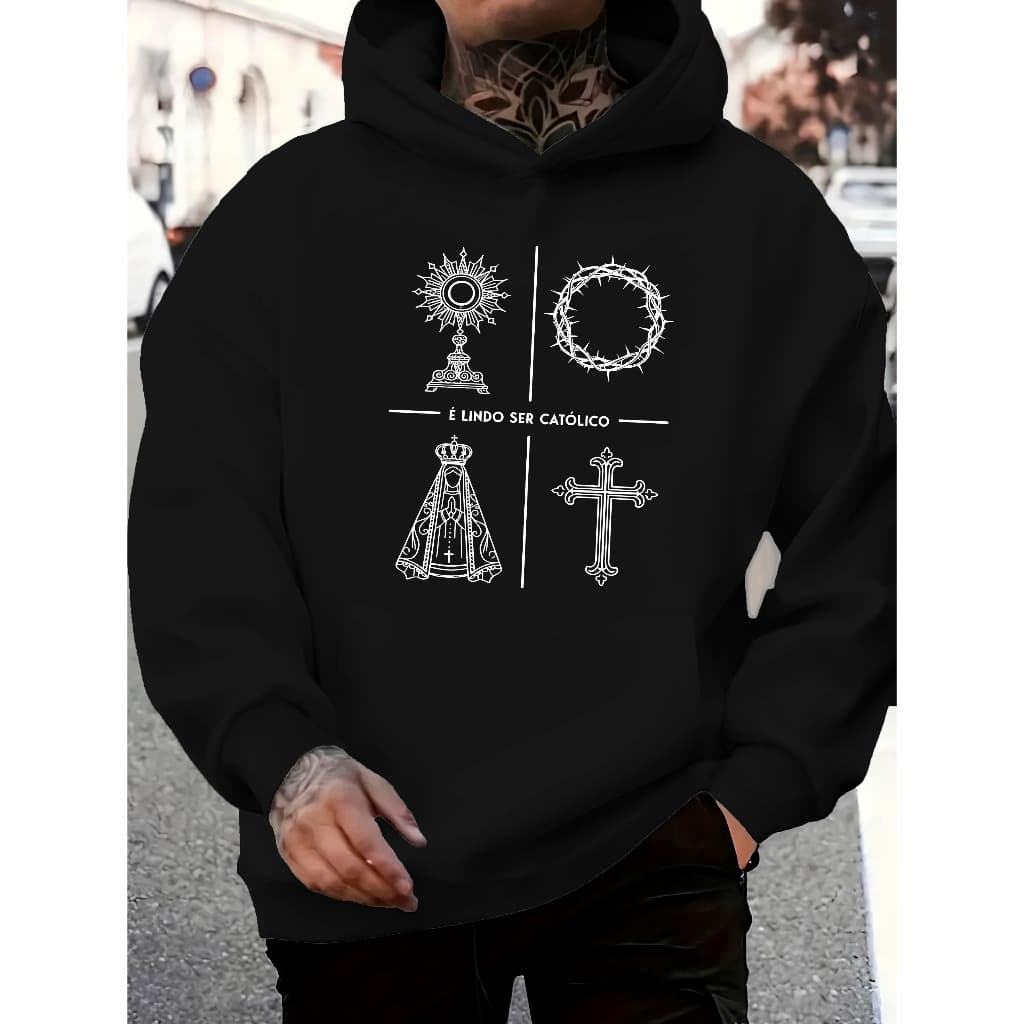 Blusa Moletom Unissex É LINDO SER CATÓLICO Estampado Algodão Canguru Masculino Capuz Religioso