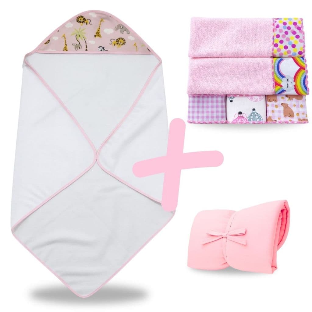 Toalha de Banho Bebe Capuz Kit 5 Fralda Boca Babete Trocador Portátil Enxoval Menina Rosa