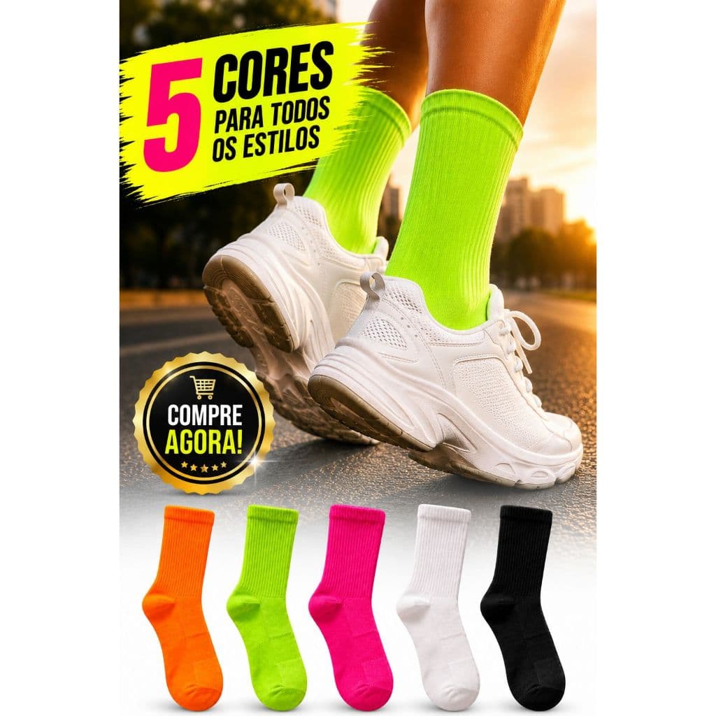 Kit 5  pares de meia cano longo colorida, poliamida, academia, corrida, fitness, blogueira, gringa, caminhada e corrida.
