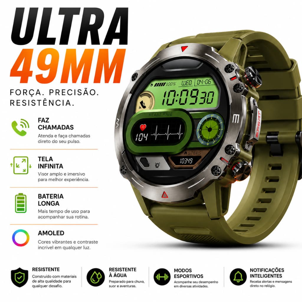 Smartwatch Ultra 49mm Faz Chamadas Tela Infinita Android iPhone