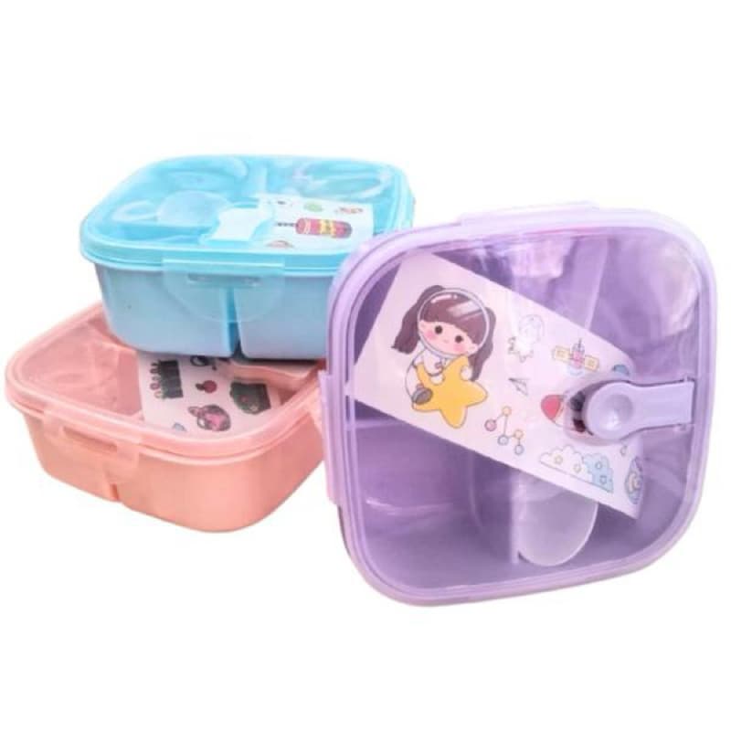 MARMITA DE PLASTICO QUADRADA COM 3 DIVISORIAS + COLHER + TRAVA LATERAL E ADESIVO 14,5CM
