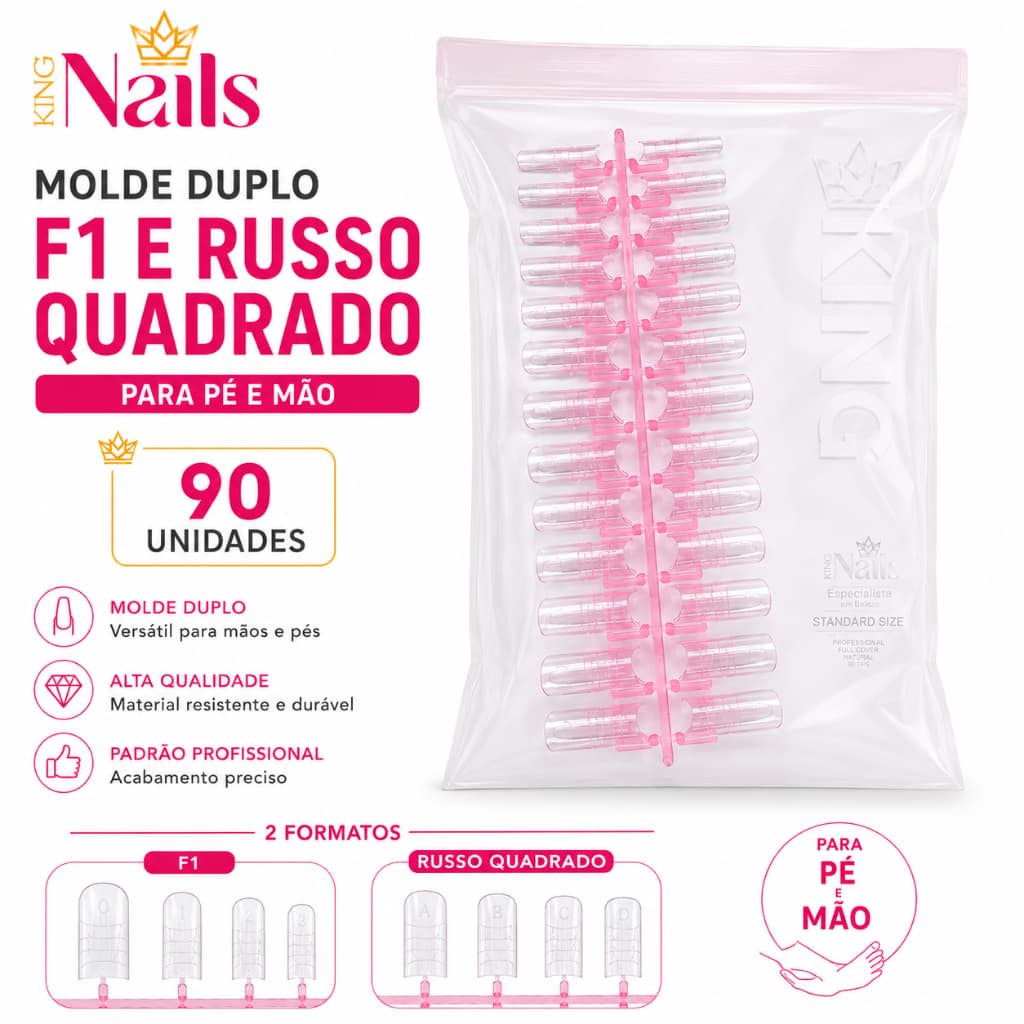 Molde Duplo F1 e Russo Quadrado para Pé e Mão com 90 unidades - King Nails
