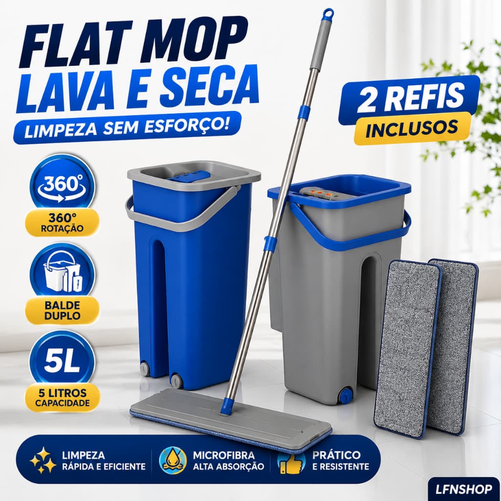 Flat Mop Lava e Seca Com Balde Duplo 2 Refil Microfibra Limpeza 360° Casa