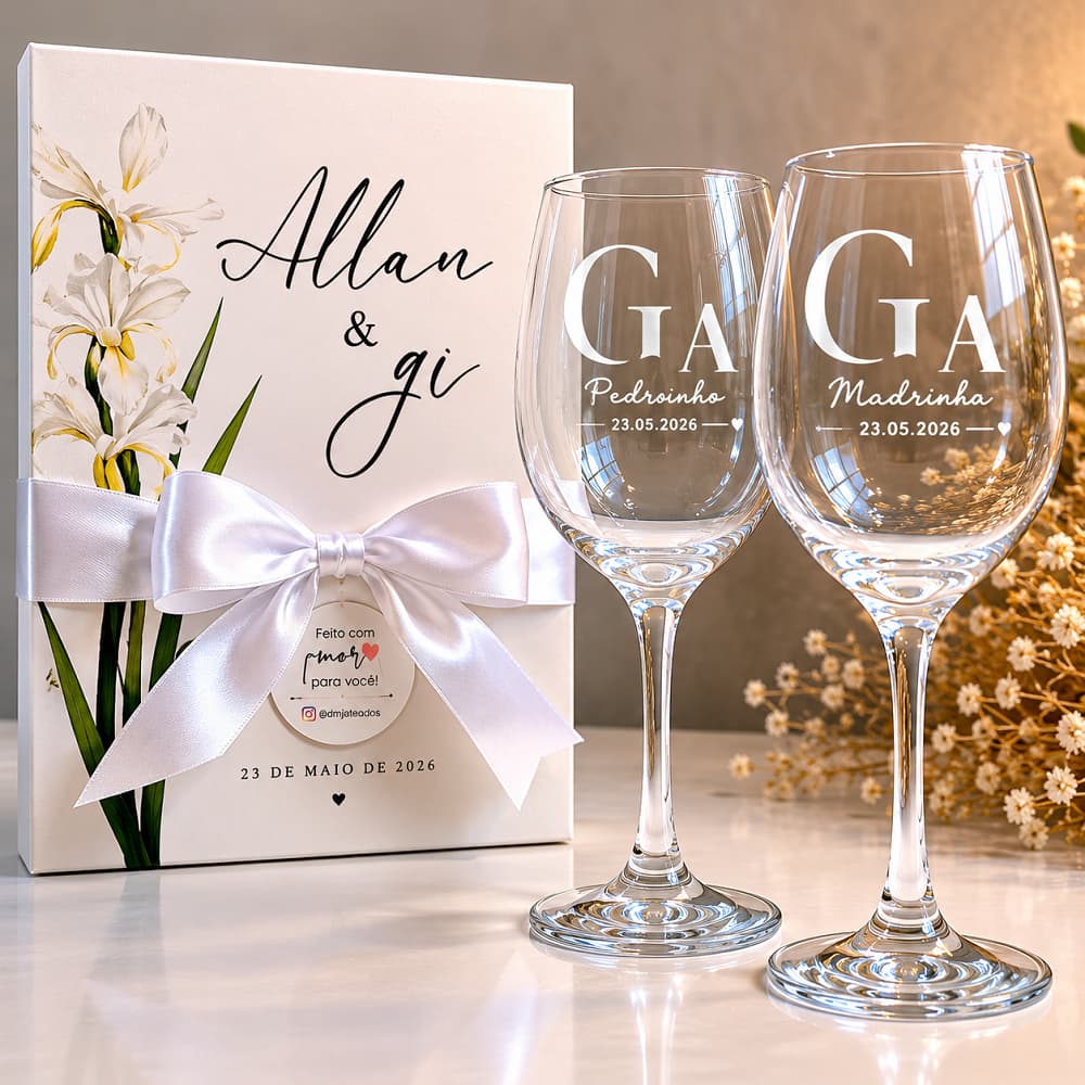 Kit Taças Personalizadas com Caixa Premium | Casamento, Padrinhos e Presentes - Casal ou Individual