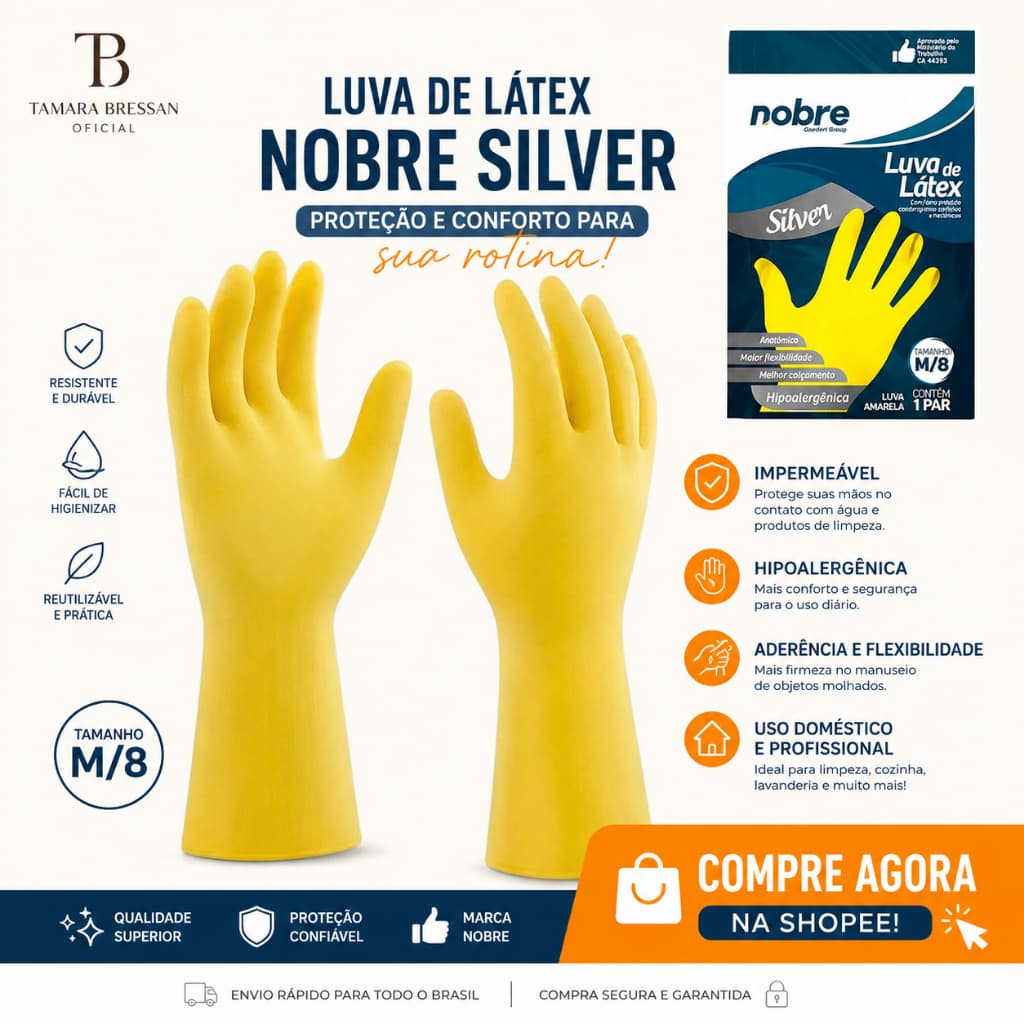 Par de Luvas Nobre Borracha/Látex Hipoalérgica P/M/G Amarela Nobre Silver Louças Cozinha