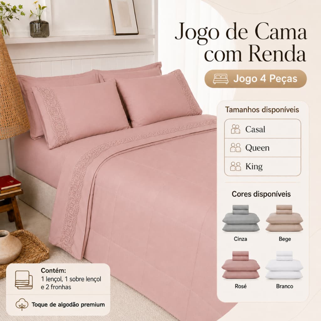 Kit Jogo de Cama 4 Peças Com Renda Lençol, Sobre Lençol e 2 Fronhas - Casal, Queen, King