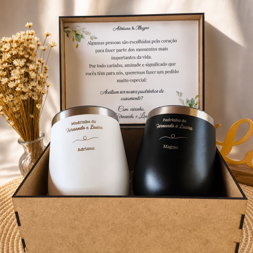 Kit Convite Padrinhos de Casamento Copo Térmico + Caixa MDF