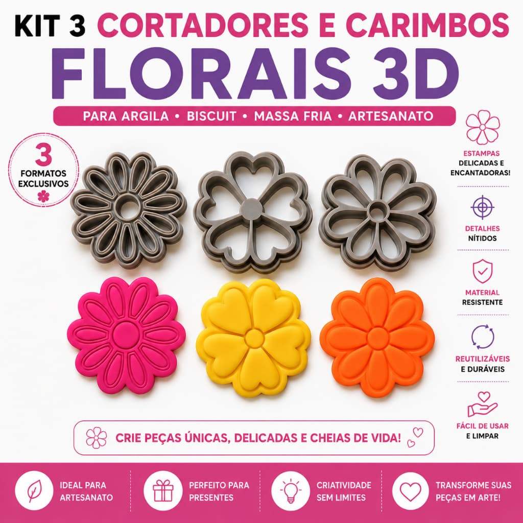 Kit 3 Cortadores + 3 Carimbos Florais 3D para Biscuit e Argila | Moldes Flores Artesanato Cerâmica