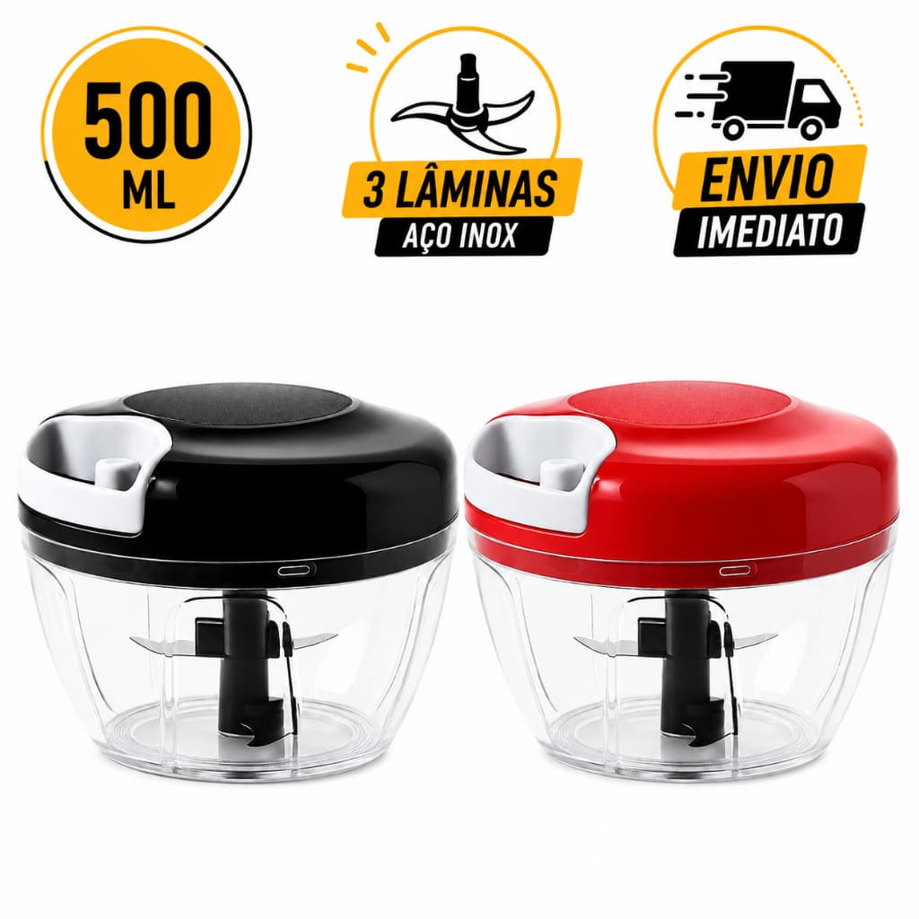 Processador Triturador Manual 500ml Kit 4  Alho Cebola Legumes 3 Lâminas Inox