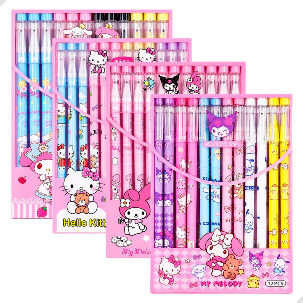 Kit 12 Canetas Gel Apagáveis Turma Da Hello Kitty Ponta Fina Infantil Material Escolar Divertida