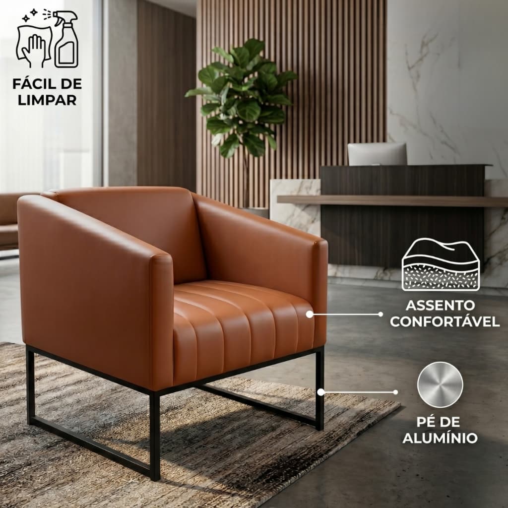 Poltrona Courino Leitura Moderna Pés Alumínio Preto Decorativa Escritório Facil Limpeza Moderna Confortavel