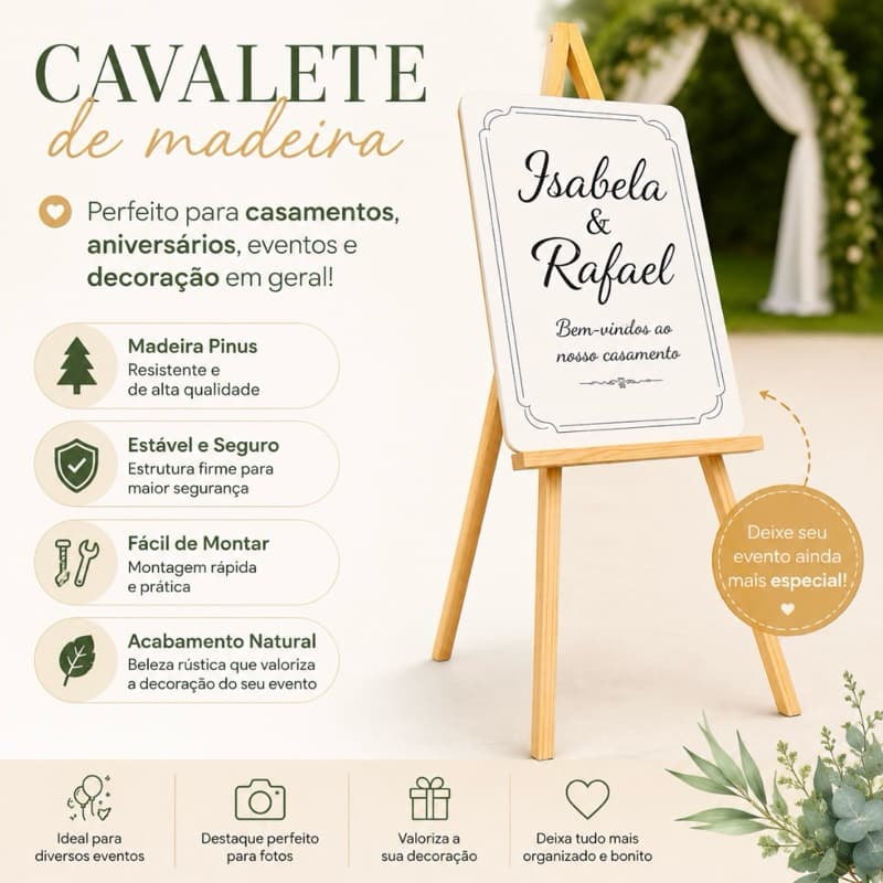Cavalete de Madeira Pinus Decorativo para Casamento Aniversário Festa Mesa Suporte para Placas e Fotos 100cm