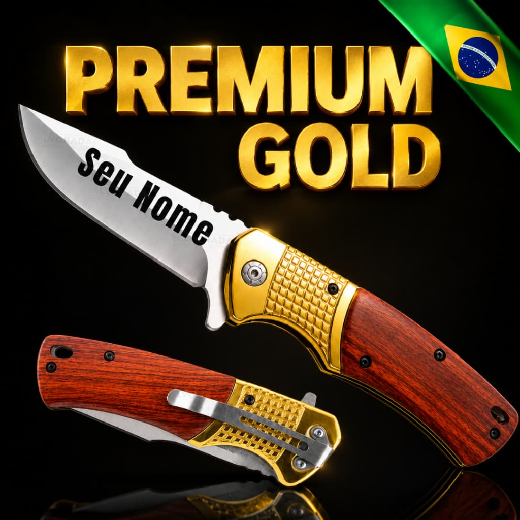 Canivete Luxo Semi Automatico Gravado Personalizado Nome a Laser Gold Premium