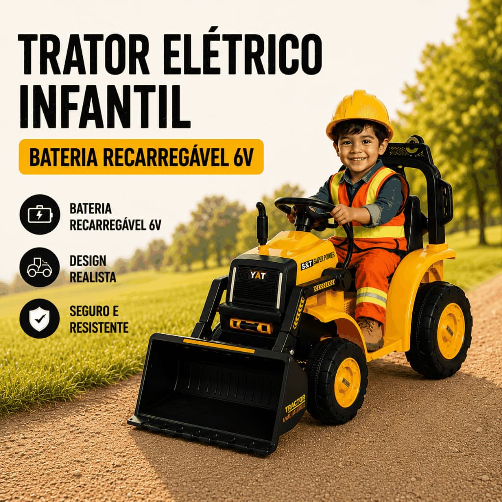 Trator Carro Elétrico Articulado Motorizado Amarelo Infantil Unitoys toca Musica Usb/aux