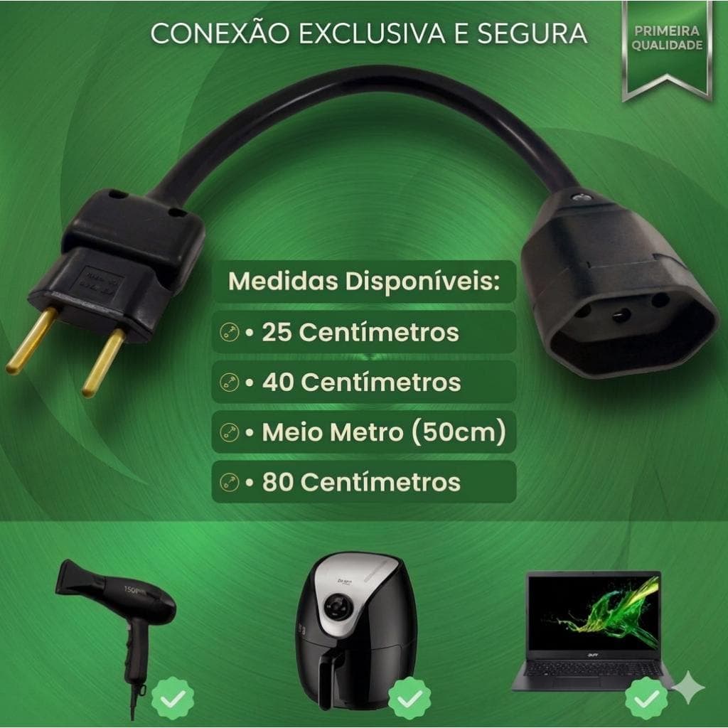 Cabo Cordão Prolongador Mini 10a/20a 2p/2p+t Extensão Elétrica Preto Reforçada Plug Reto