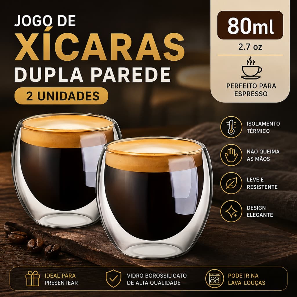 Kit 2 Copo Xícara Parede Dupla Vidro Café Shot Dose Moderno Chique Cantinho Café Escritório