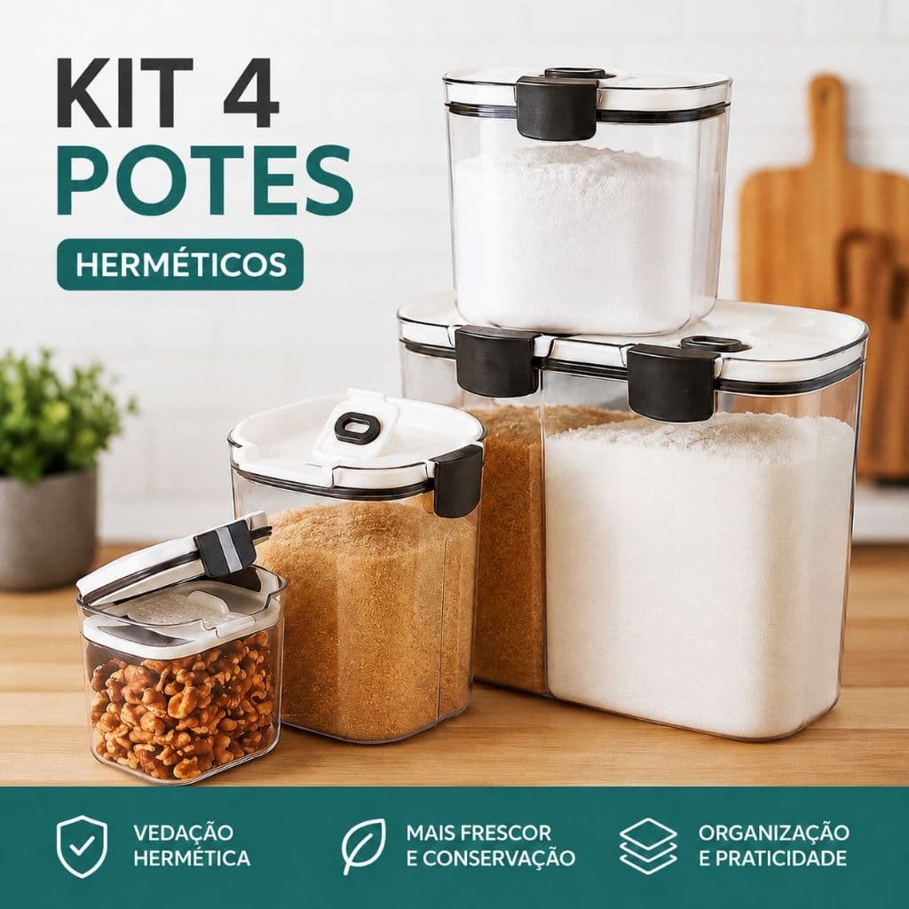 Kit 4 Potes Herméticos Organizador Cozinha Porta Mantimentos Grãos Açúcar Dispenser