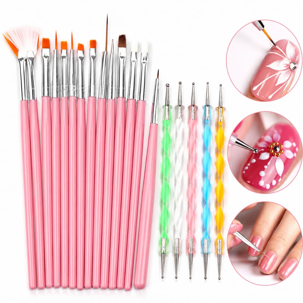 Kit 15 Pincéis + 10 Boleadores Em 5 Pincéis Manicure Desenho
