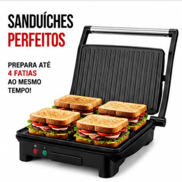 GRILL SANDUICHEIRA CHURRASQUEIRA PARRILHA ELÉTRICA 180º PANINI 4 FATIAS CHEFMAN 3 EM 1- 1500W | 127V