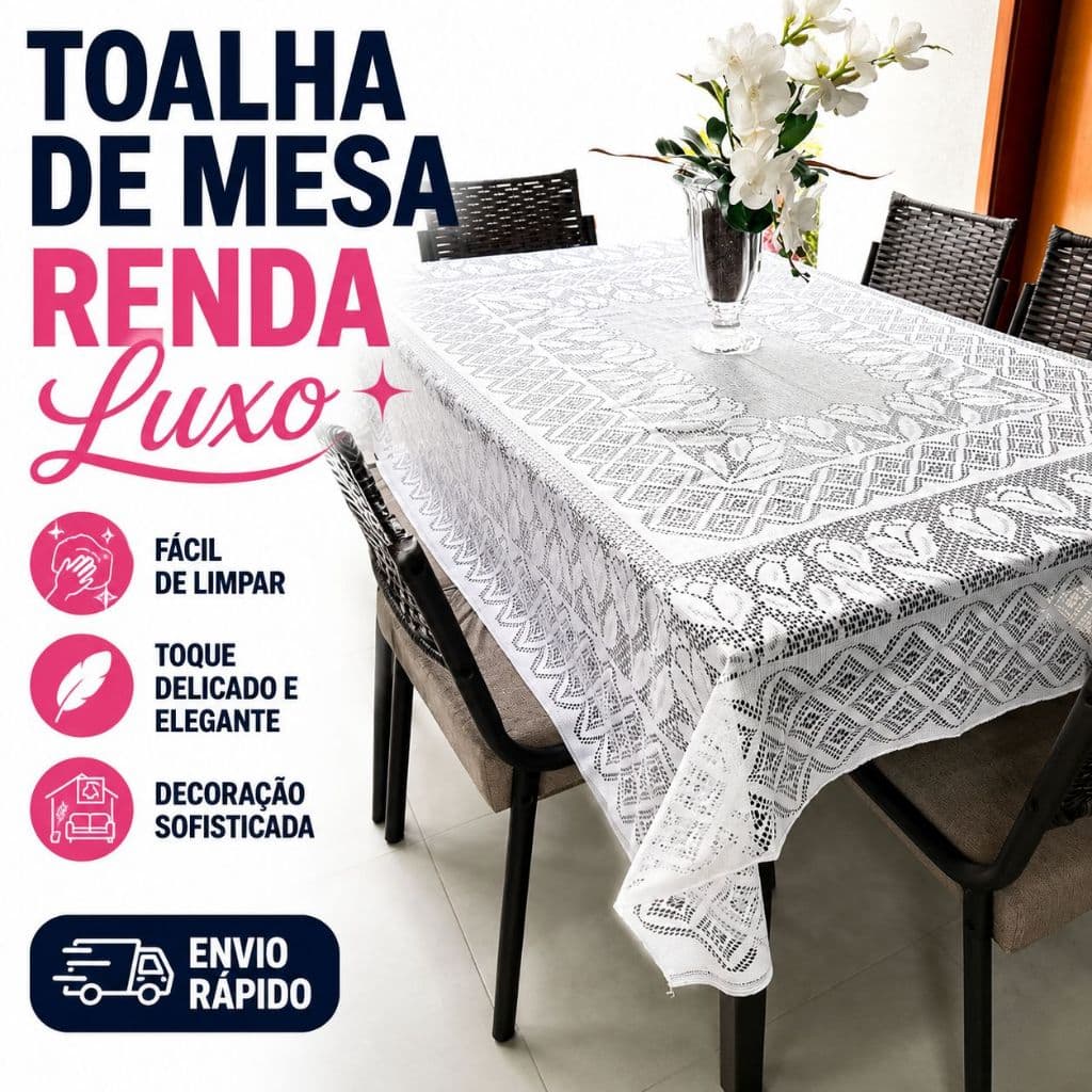 Toalha de Mesa Renda Luxo 6 Cadeiras 1,90x1,50m Elegante Decorativa
