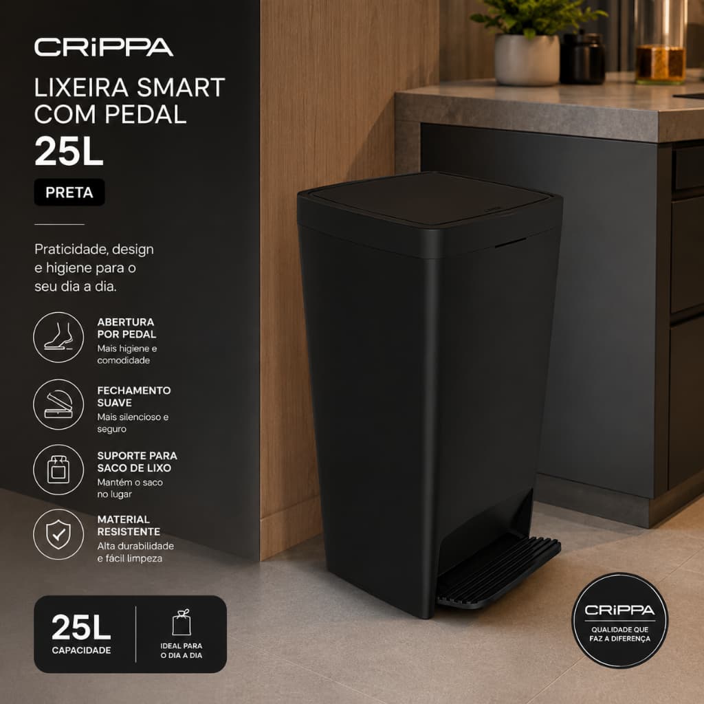 Lixeira Smart Com Pedal 25L Preta Crippa – Moderna, Higiênica e Resistente