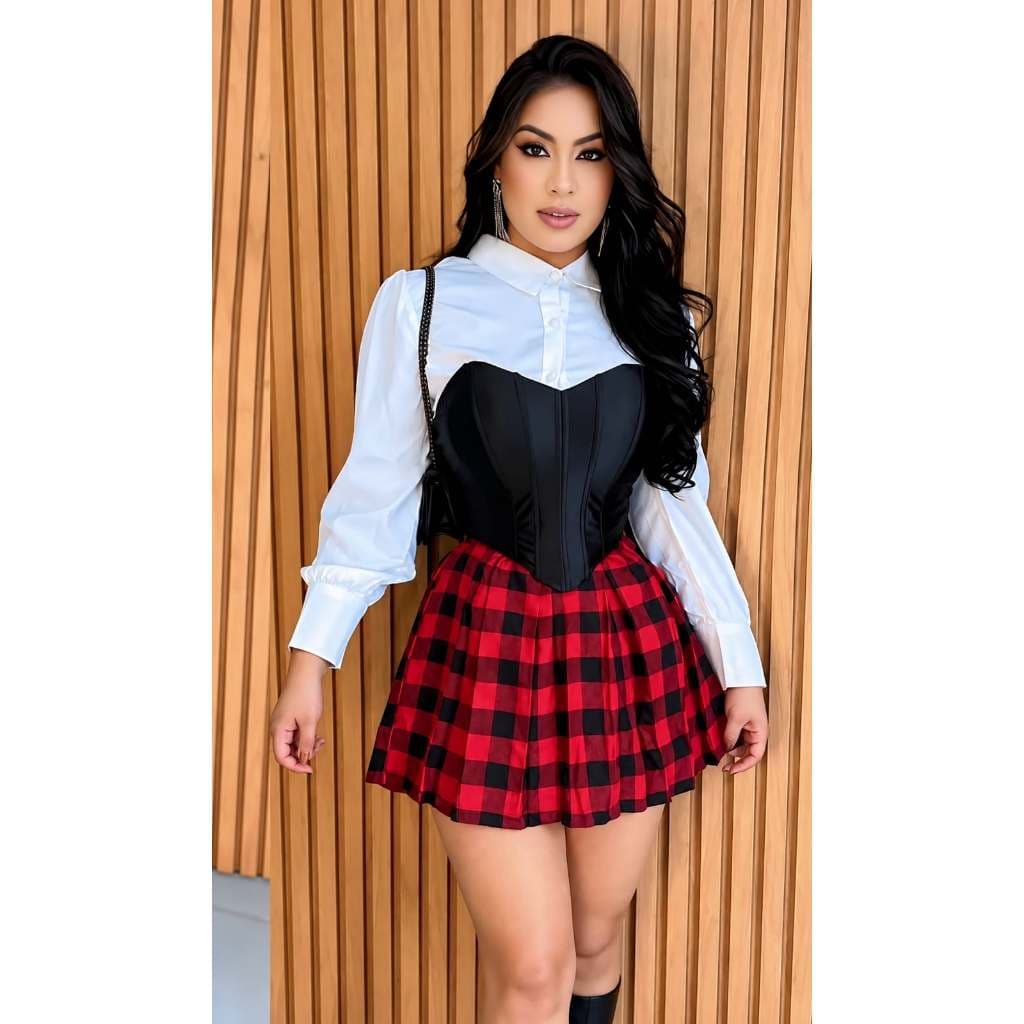 Saia Xadrez Feminina  Colegial Plissada Flanelada Cintura Alta com Ziper