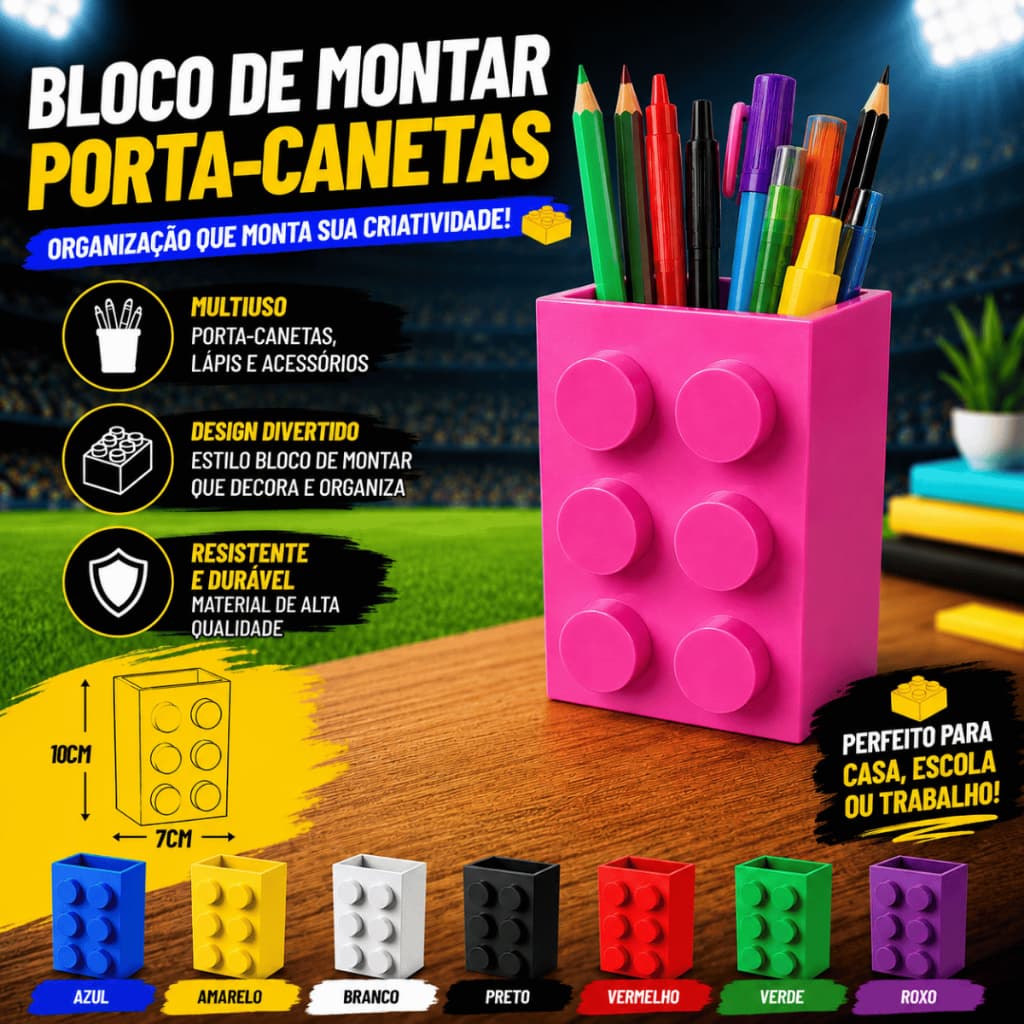 Porta Canetas em Plástico Premium Ecológico Formato Bloco de Montar Organizador Moderno e Criativo