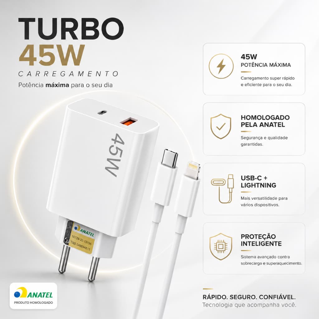 KIT Carregador Turbo 45W Original Lehmox Cabo Tipo-C Lightning Carregamento Rapido Iphone IOS