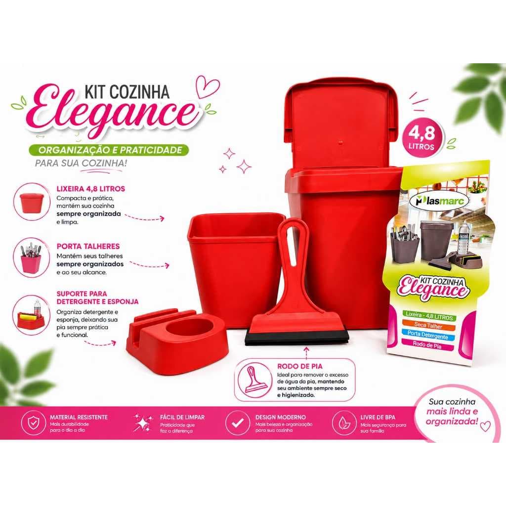 Kit Cozinha Elegance com Licheira,Seca Talher, Porta Detergente e Rodo de Pia