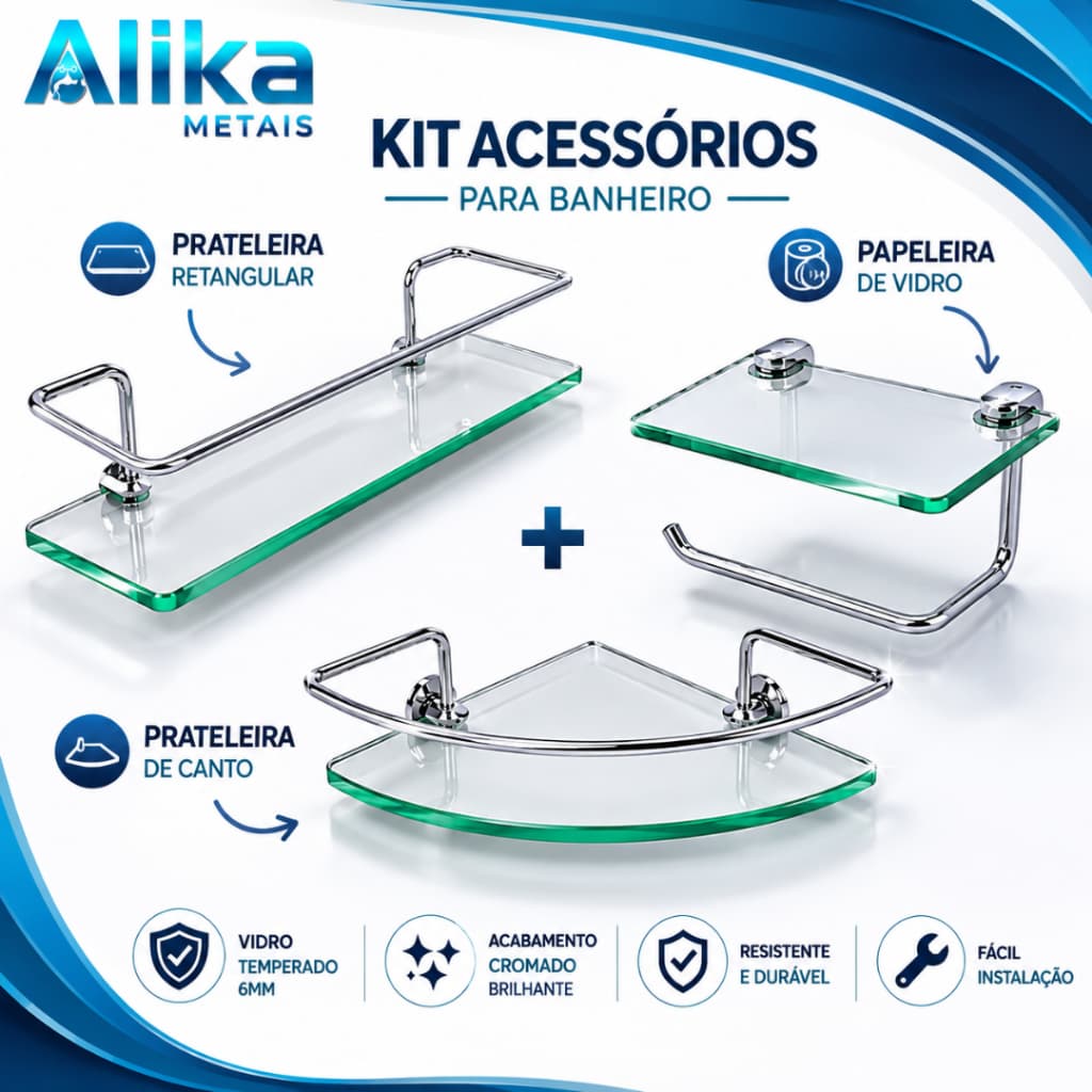 Kit 3 Acessórios para Banheiro em Vidro – Porta Shampoo Reto + Porta Shampoo Canto + Papeleira Porta Celular Luxo