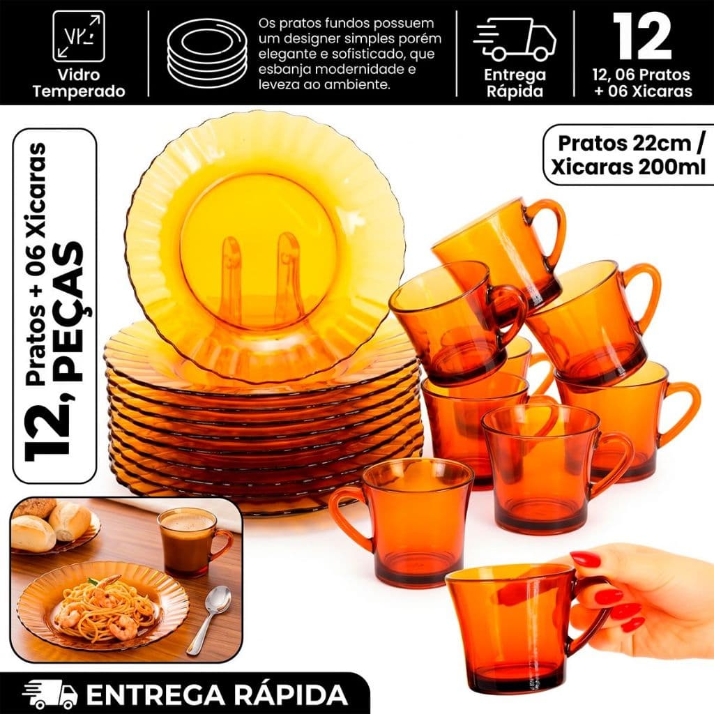 jogo 12 Peças Âmbar – 6 Pratos ambar 22cm storm + 6 Xícaras Sino ambar 200ml de Vidro Resistente