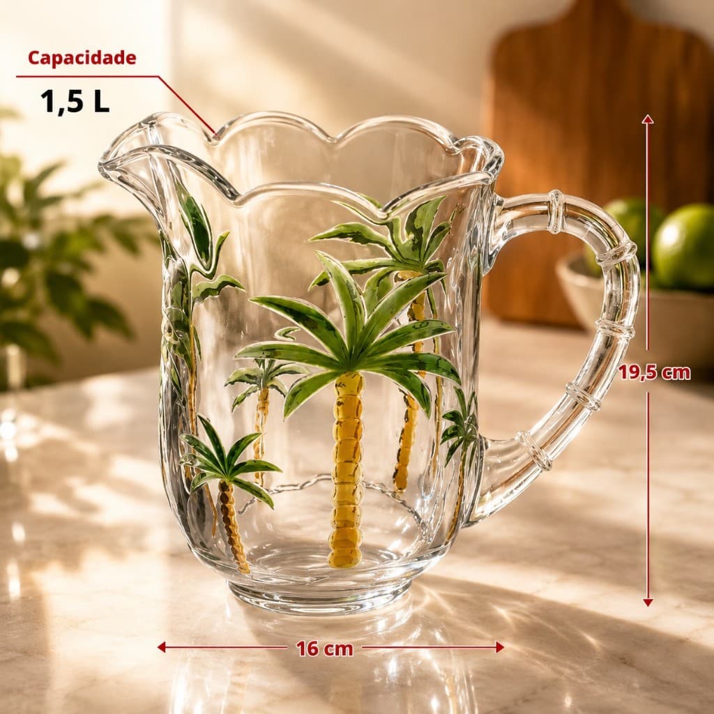 Jogo Jarra de Vidro 1,5L + 6 Taças Palmer Decoradas Luxo Elegante Mesa Posta Drinks Suco Água