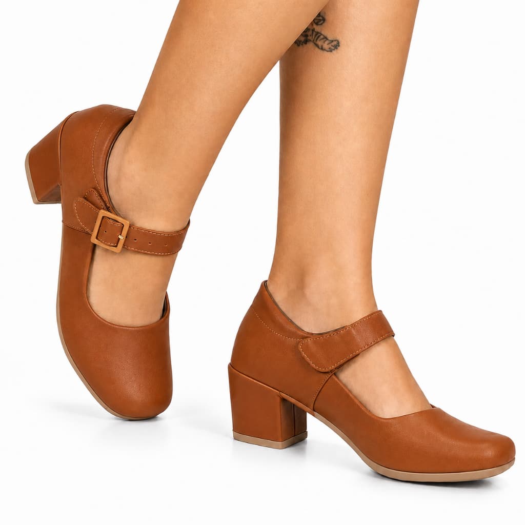 Sapato Boneca Feminino Mary Jane Salto Bloco Grosso com Fivela Confortável