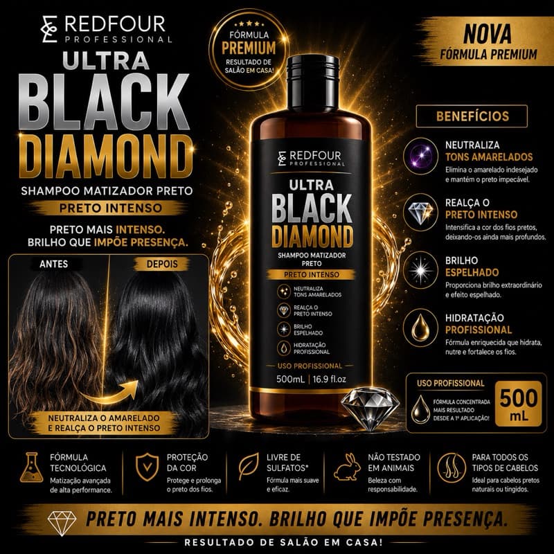 Shampoo Matizador Preto Redfour Ultra Black Diamond 500mL | Preto Intenso + Brilho Espelhado