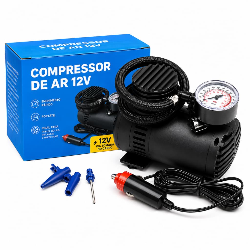 Compressor Veicular De Ar Portátil 12V Com Manômetro Encher Pneu Bike Carro 3 Bicos P Inflar