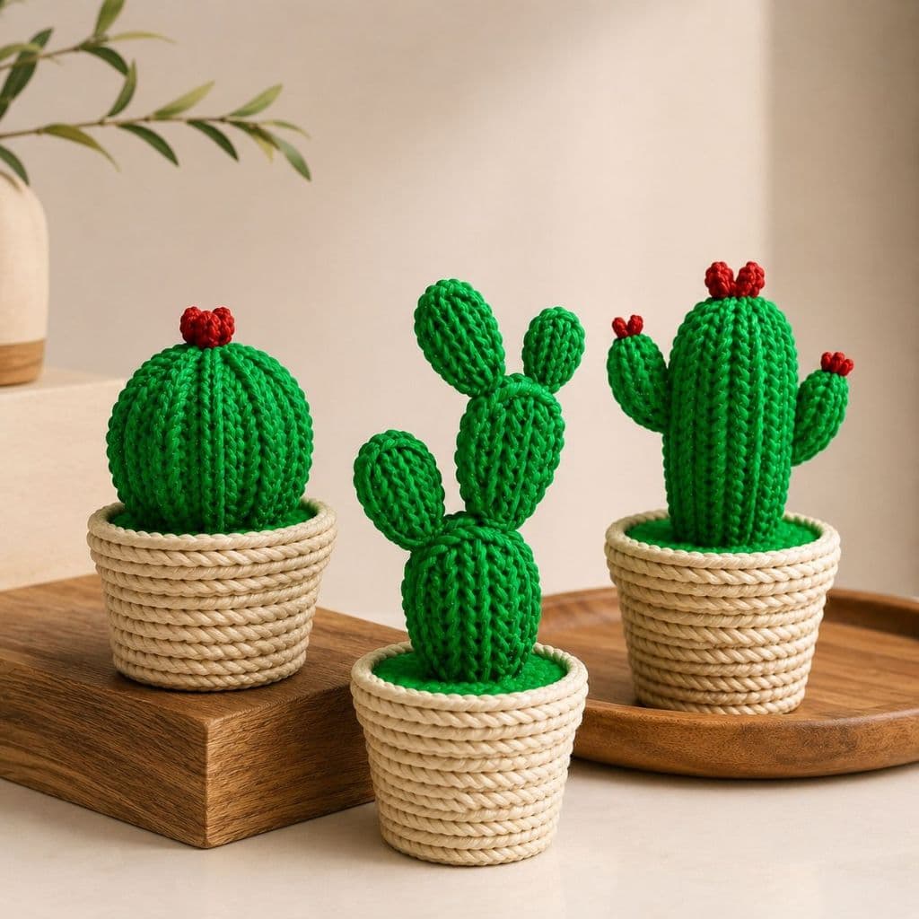Vaso Decorativo Cacto Estilo Crochê | Unidade ou Kit com 3 Vasinhos