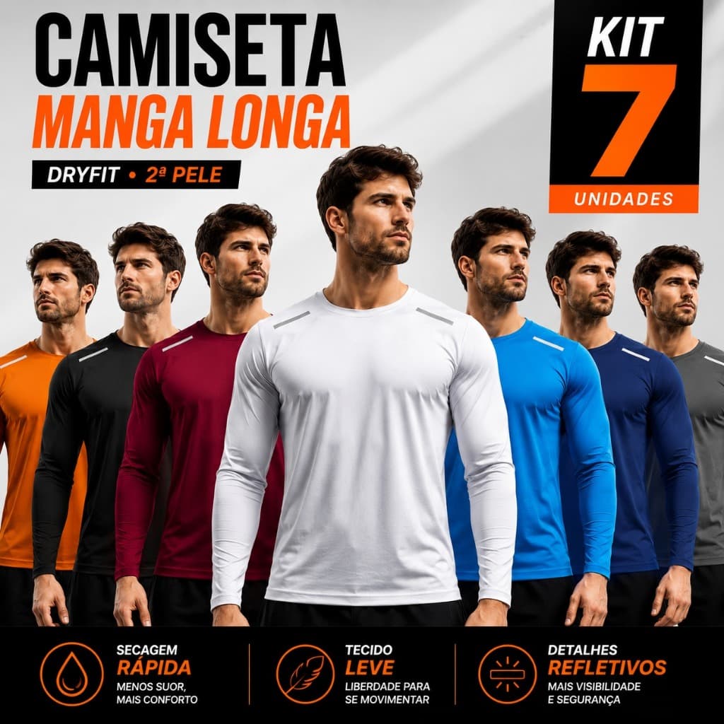Kit 7 Camiseta Manga Longa Dry Fit Masculina Academia Corrida Fitness