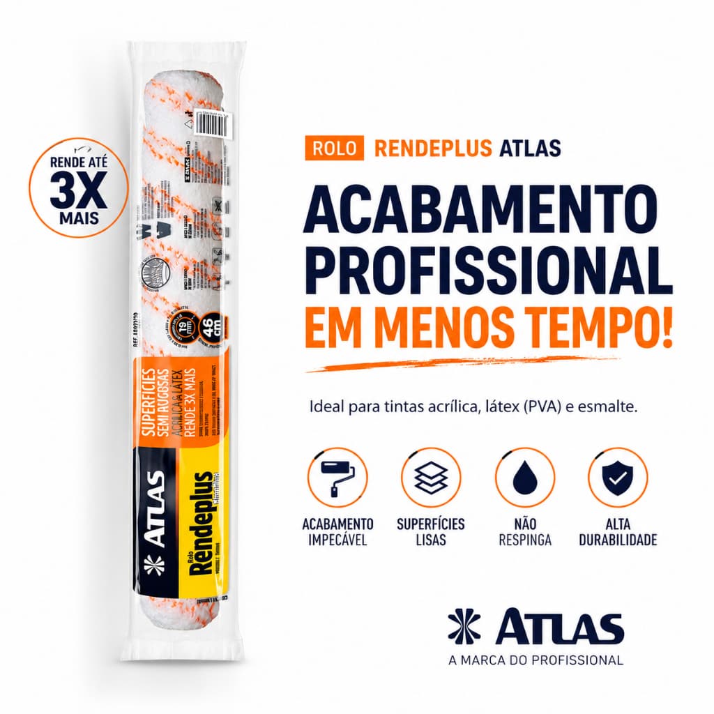 Rolo Lã Atlas Rendeplus Rolo Pintura Profissional 46cm AT927/19 Rolo de Tinta Pintor Profissional