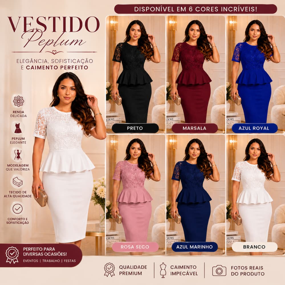 VESTIDO MIDI CASAUAL PEPLUM RENDA CREPE MALHA MODA EVANGELICA SOCIAL ELEGANTE CRISTA FESTA 38AO54
